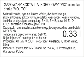 'Gazowany koktajl alkoholowy "mix" o smaku drinka "mojito 0,33 l