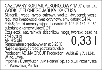 'gazowany koktajl alkoholowy MIX o smaku wódki, zielonego jabłka, kaktusa 0,33 l