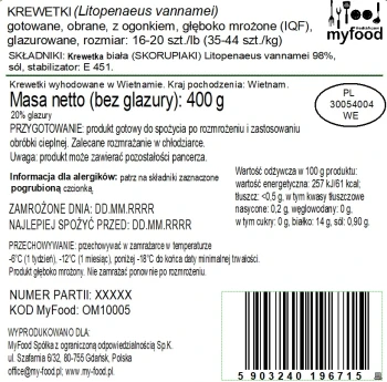 MyFood Krewetka gotowana obrana z ogonem, rozmiar:16-20 szt./lb, glazura: 20%, 400 g/500 g