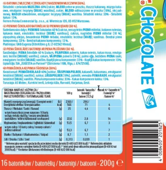 Kinder Chocolate Batonik z mlecznej czekolady z nadzieniem mlecznym 200 g (16 x 12,5 g)