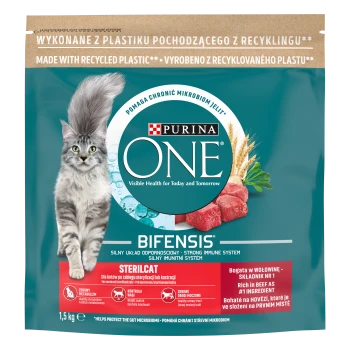 Purina One Sterilcat Pełnoporcjowa karma dla dorosłych kotów bogata w wołowinę i pszenicę 1,5 kg