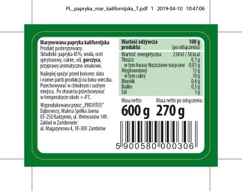 Provitus Marynowana papryka kalifornijska 600 g