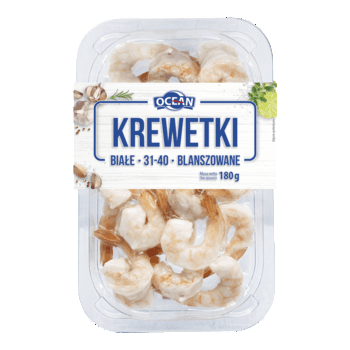 ABRAMCZYK Krewetki Białe 31-40 Blanszowane Bez Głowy Bez Pancerza Z Ogonkiem 20% 180/225G OCEAN