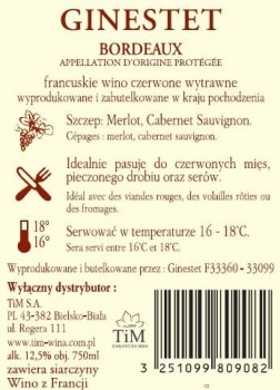 'Ginestet Aoc Bordeaux Czerwony Wytrawny 750 ml
