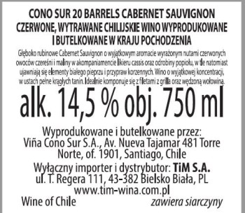 '20 Barrels Cabernet Sauvignon Cono Sur Czerwone Wytrawne 750 ml