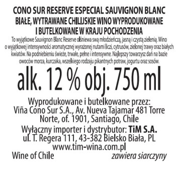'Cono Sur Reserva Especial Sauvignon Blanc Białe Wytrawne 750 ml