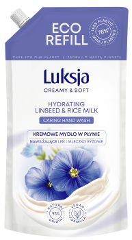 Luksja Creamy & Soft Kremowe mydło w płynie Len i Mleczko ryżowe 900 ml opakowanie uzupełniające