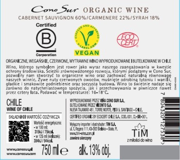 'Organic Cabernet Sauvignon/Carmenere/Syrah Cono Sur Czerwone Wytrawne 750 ml