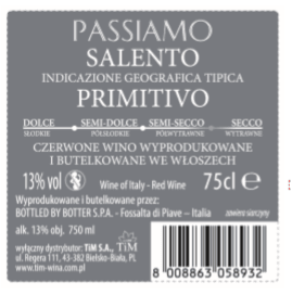 'Passiamo Primitivo czerwone półsłodkie 750 ml