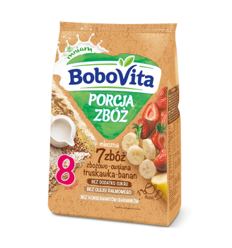 BoboVita Porcja Zbóż Kaszka mleczna 7 zbóż zbożowo-owsiana truskawka-banan po 8 miesiącu 210 g