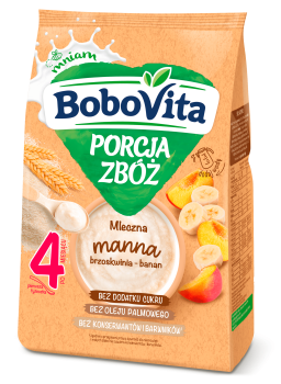 BoboVita Porcja Zbóż Kaszka mleczna manna brzoskwinia banan po 4 miesiącu 210 g