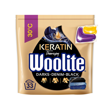 Woolite Żelowe kapsułki do prania z keratyną czerń, ciemne kolory & jeans 33 szt.