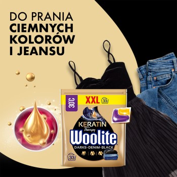 Woolite Żelowe kapsułki do prania z keratyną czerń, ciemne kolory & jeans 33 szt.