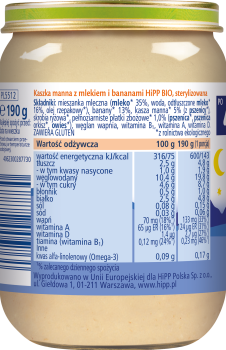 HiPP Kaszka manna z mlekiem i bananem BIO 190 g