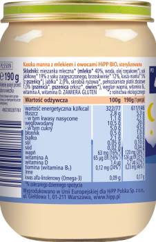 HiPP BIO Kaszka manna z mlekiem i owocami po 4 miesiącu 190 g