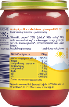 HiPP BIO Owoce & Zboża Maliny i jabłka z kleikiem ryżowym po 5. miesiącu 190 g