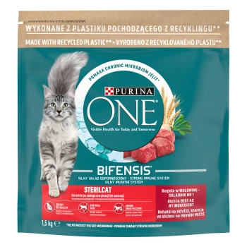 Purina One Sterilcat Pełnoporcjowa karma dla dorosłych kotów bogata w wołowinę i pszenicę 1,5 kg